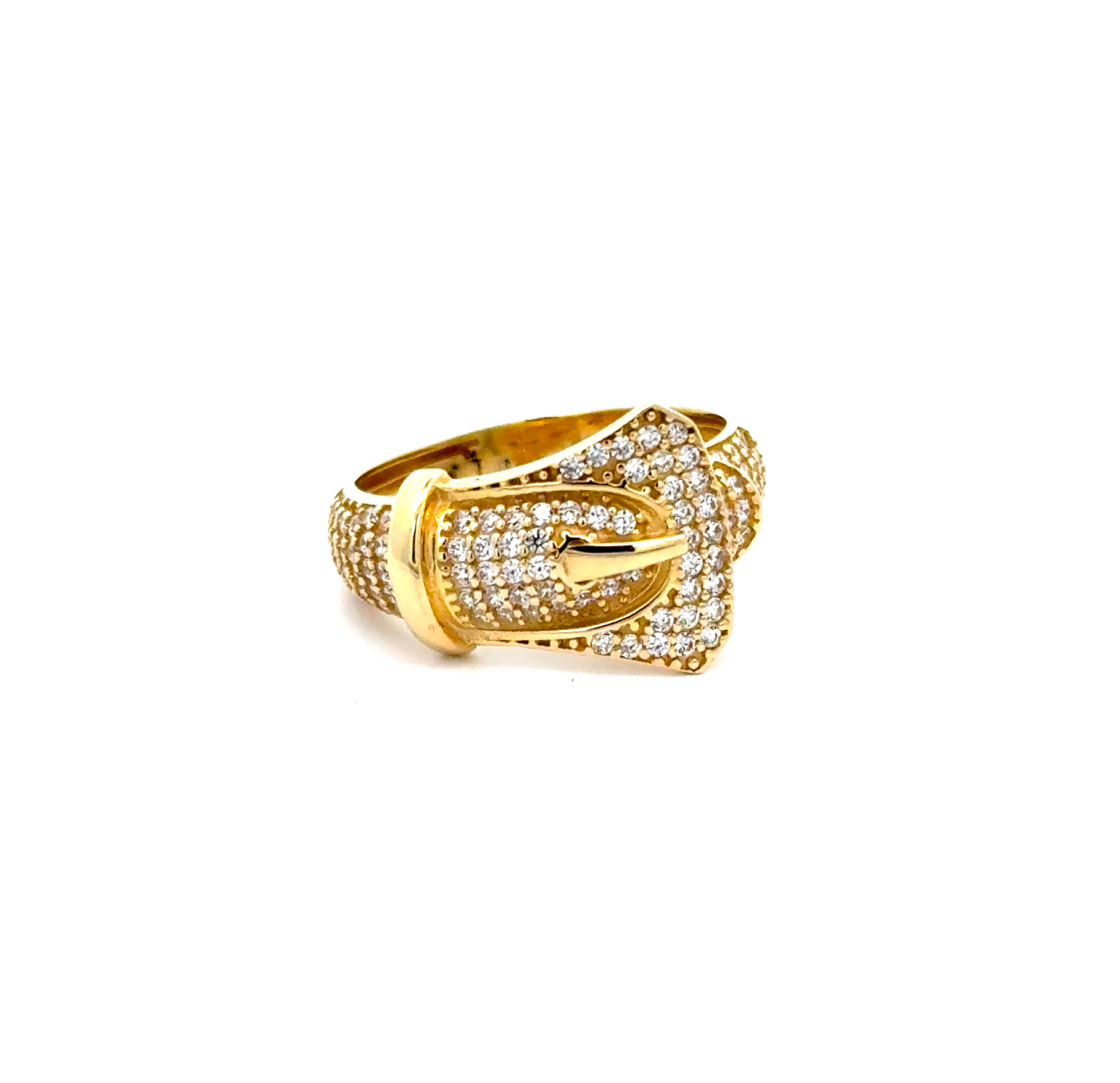 9K Yellow Gold Buckle Ring With CZ Stones